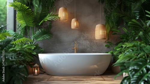 Bathroom design with tropical plants and pendant lights for serene home spa