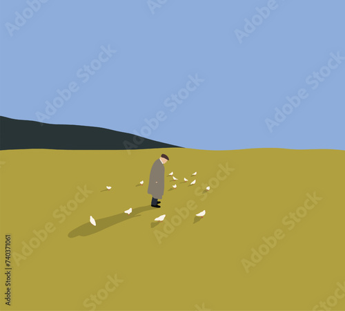Old man standing among white bird pigeon and feeds them on green mountain. Happy pensioner in summer day. Nature during holiday vacation.