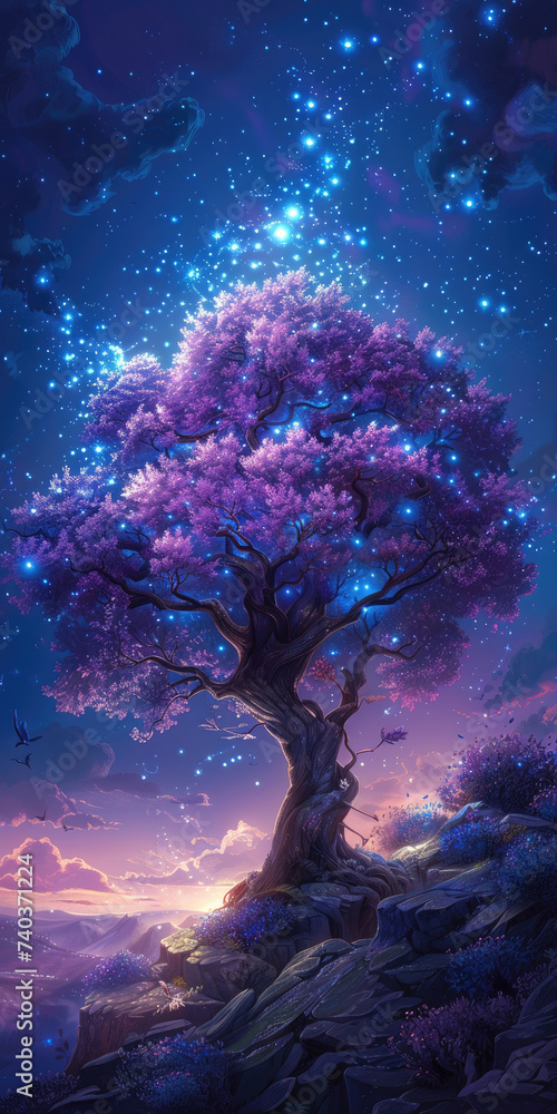 fantasy tree with purple leaves with blue aura light and night sky
fantasy tree with purple leaves with blue aura light and night sky