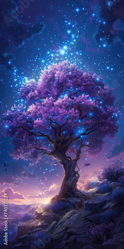 fantasy tree with purple leaves with blue aura light and night sky 