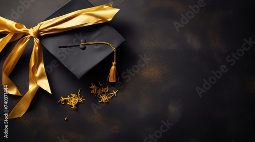 Student cap, graduation cap, diploma, banner: a triumphant celebration marking the end of the school year, embracing academic achievement and success with the issuance of diploma certificates. photo