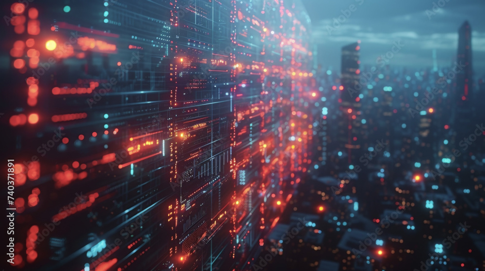 A futuristic cityscape is transformed into a digital stock market displaying holographic representations of various financial assets and transactions being conducted through