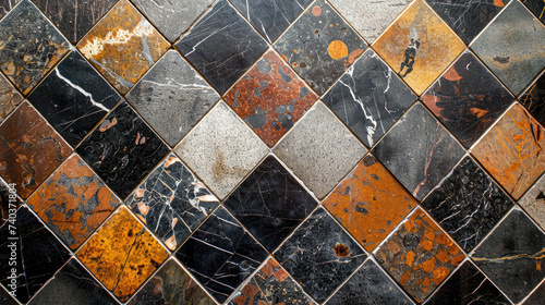 Symmetrical view looking down at diamond shaped granite tile floor
