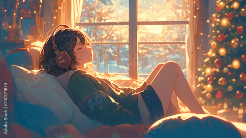 During the golden hour, a girl indulging in lo-fi music reclines on her bed, her room filled with Christmas decorations, while outside her window, a winter wonderland unfolds.