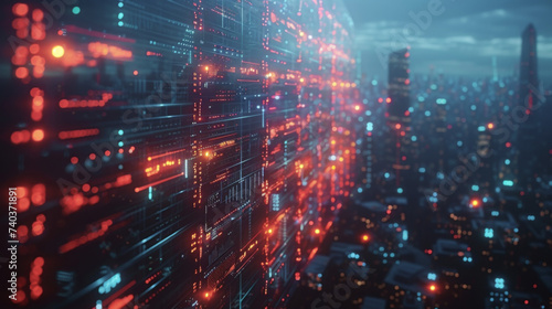 A futuristic cityscape is transformed into a digital stock market displaying holographic representations of various financial assets and transactions being conducted through