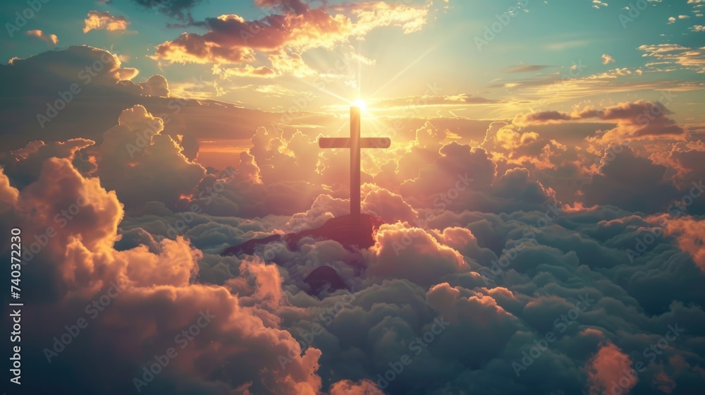 Fototapeta premium Holy cross on hill with dramatic sunrise background for Easter Christian resurrection of Jesus Christ.