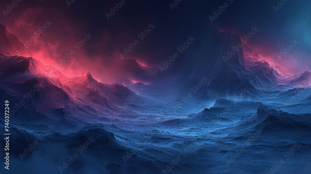 A photorealistic depiction of a mysterious terrain, rolling forms under a night sky, illuminated by an unseen light source with a crimson glow