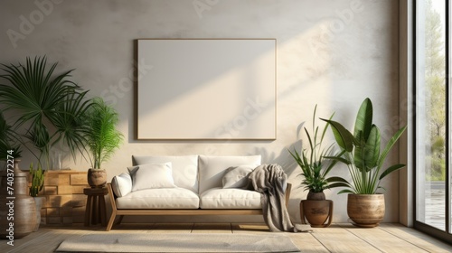 Minimalist house interior design with sofa and painting. Decoration with relaxing and modern tones. Cozy atmosphere.