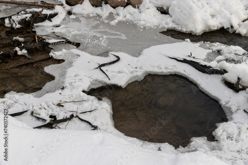 the ice on the river is reinforced with a plastic geogrid