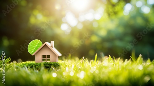 Wallpaper Mural Sunlit Green Eco Home: Sustainable Living Concept with House Icon on Lush Lawn Torontodigital.ca