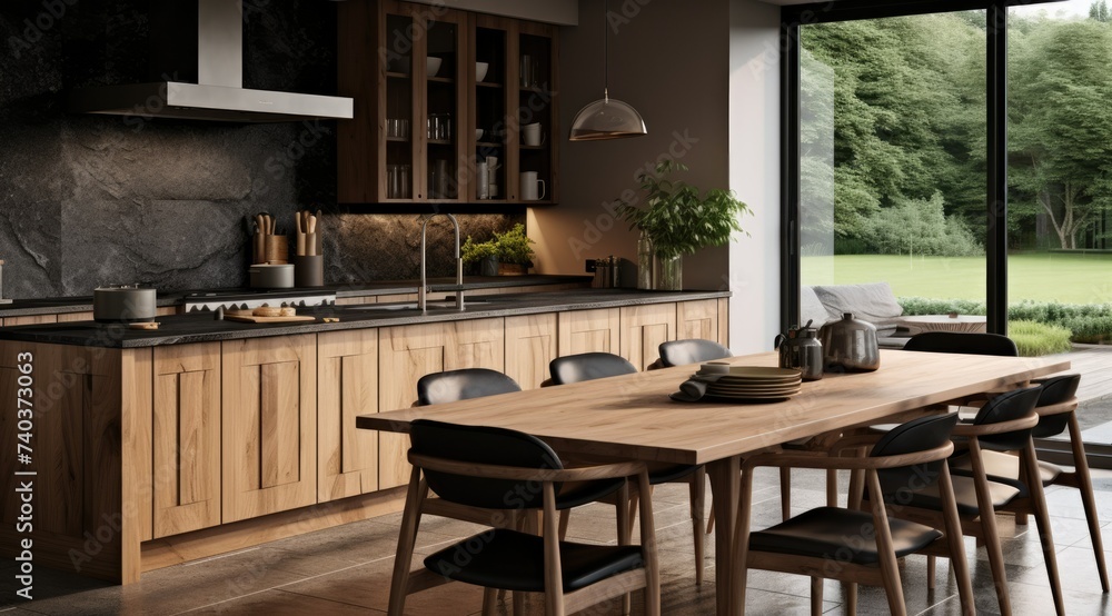 Wooden empty table top in modern kitchen, kitchen panel in interior. Scene showcase, banner Wooden empty table top in modern kitchen, kitchen panel in interior. Scene showcase, banner