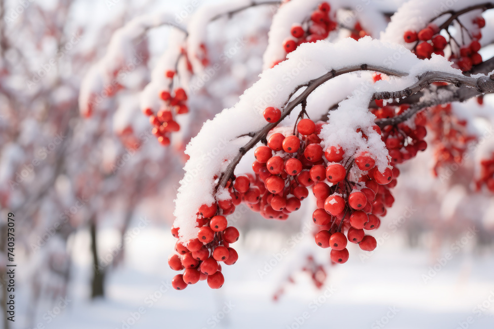 Slow shutter speed captures serene beauty of red berries in snowy field. AI generative