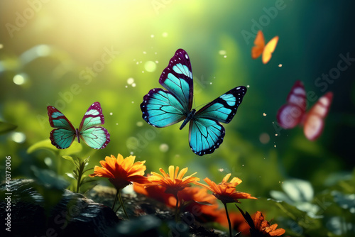 Summer scene Vibrant butterflies flutter amidst blooming flowers in lush green meadow. AI generative
