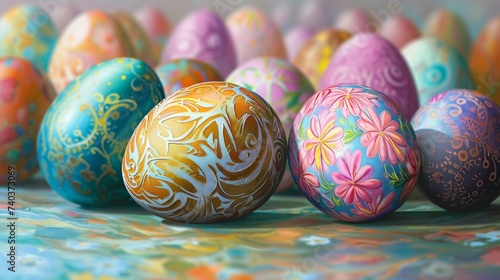 Assorted detailed hand-painted Easter eggs with floral patterns.