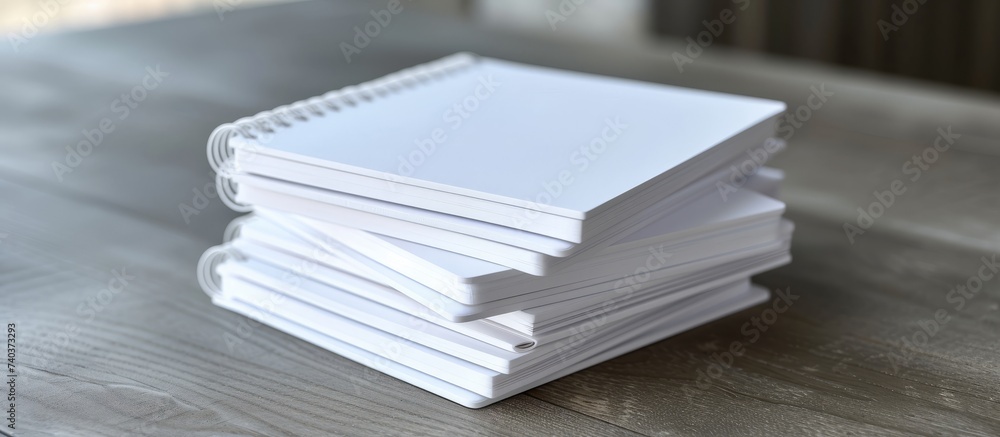 Neatly arranged stack of blank white notebooks on a wooden table for school or office supplies Neatly arranged stack of blank white notebooks on a wooden table for school or office supplies