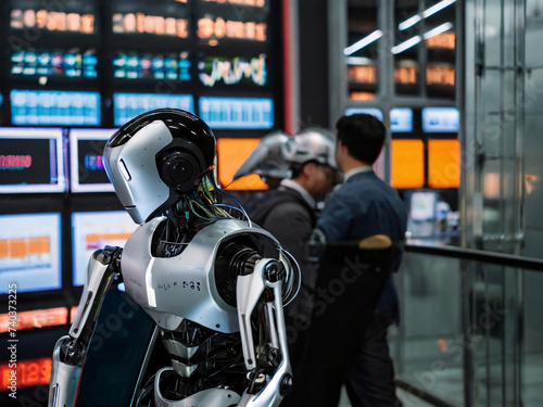 Artificial intelligence robot working in a brokerage house with analysts and brokers