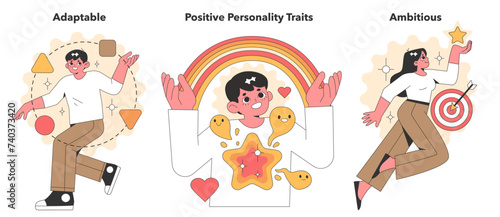 Cheerful vector illustration set celebrating positive traits with characters displaying adaptability, ambition, and joy, perfect for motivational content