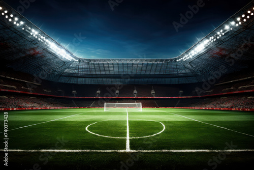Dynamic shot capturing a soccer goal in a stadium. AI generative photo