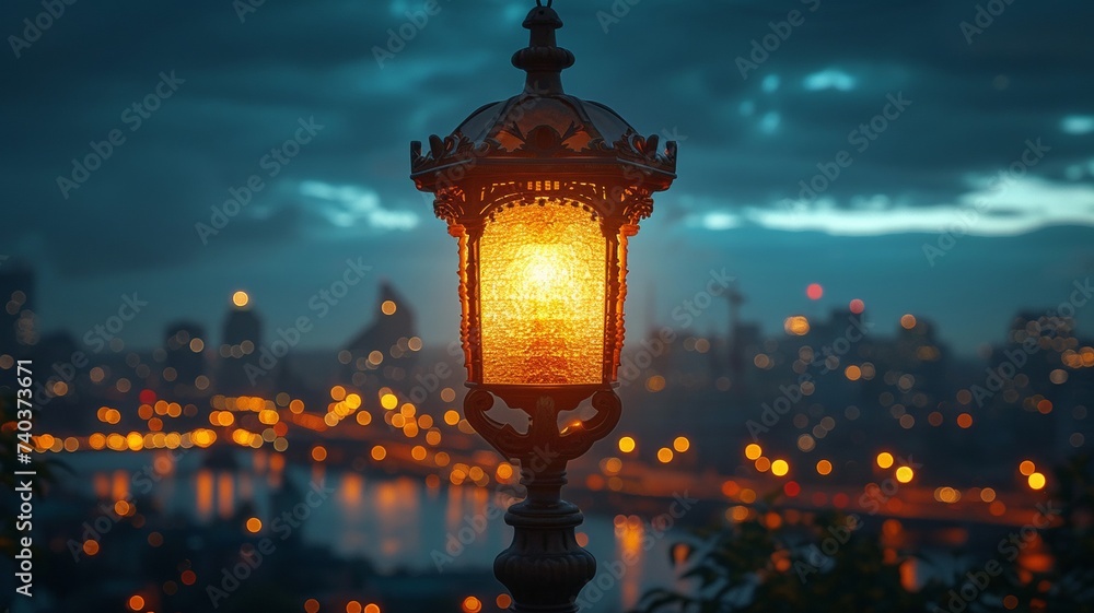 Warm glow of an ornate lamp at dusk, the city's evening ambiance enhanced by light