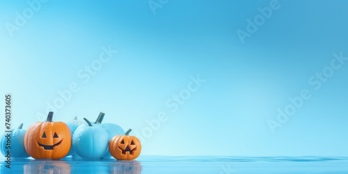 Creative bokeh panorama of pumpkins, spiders, webs, and ghost on blue background. AI generative © tope007