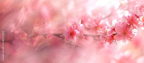 Close up view of a cherry blossom tree branch with beautiful pink flowers  showcasing the delicate petals and twig in a natural landscape setting