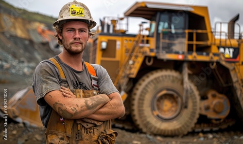 A mining worker posing in front of large dozer