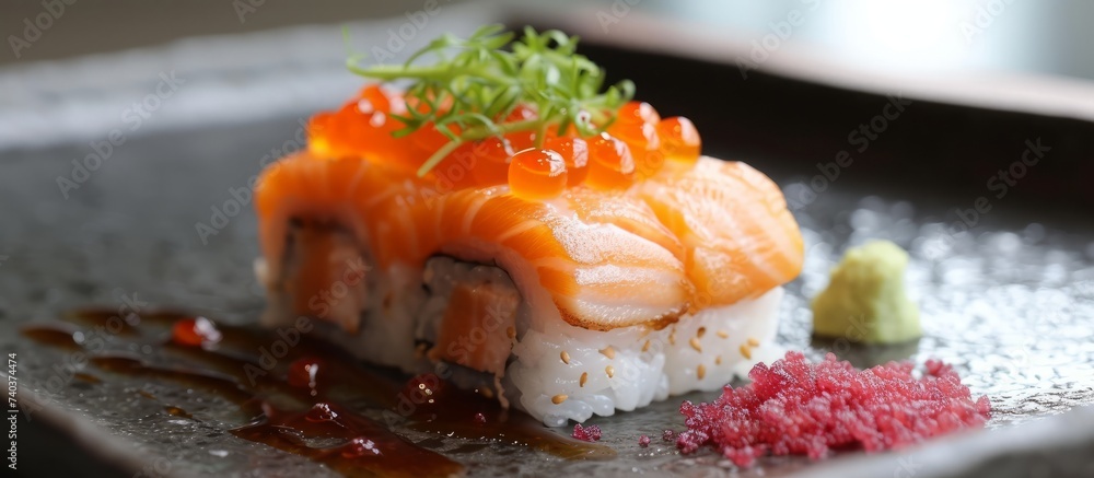 Delicious plate of sui topped with fresh salmon and assorted colorful vegetables, Asian cuisine concept