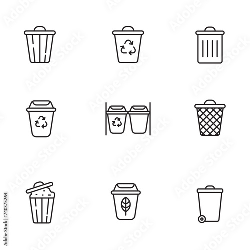 Set of trash can icons with linear style on a white background