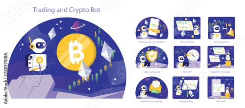 Trading and Crypto Bot concept. Flat vector illustration.