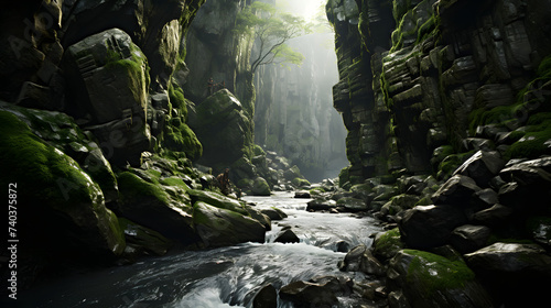 a stream runs between two rocky cliffs and green moss photo