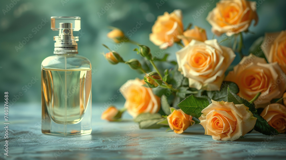 Perfume on light table with beautiful bouquet of yellow roses background
Perfume on light table with beautiful bouquet of yellow roses background