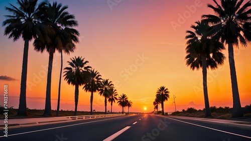 Radiant Beach Sunset: Palm-Lined Coastal Highway