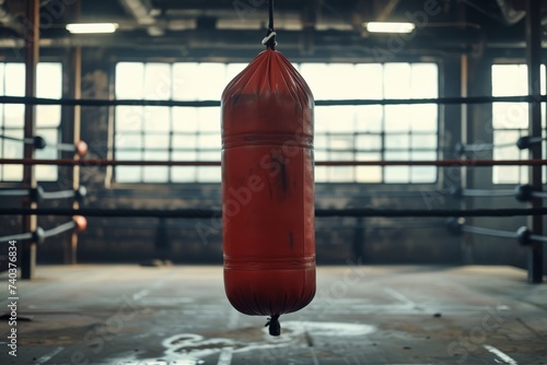 a red sandbag is hanging in front of the boxing ring in a gym © Sasint