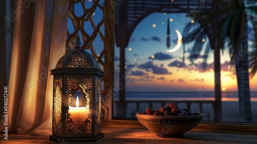 arabic lantern with burning candle and bowl of fresh dates in front of open window islamic shades  crescent moon and stars  realistic  copy space - generative ai