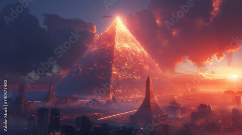 Description A vibrant futuristic cityscape is depicted with towering skyscrapers and sleek highspeed trains zooming by. In the center a massive glowing pyramid stands representing photo