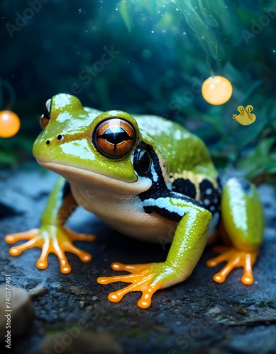 A green and black True frog with orange eyes is perched on a rock, showcasing the beauty of terrestrial animals in wildlife through macro photography
