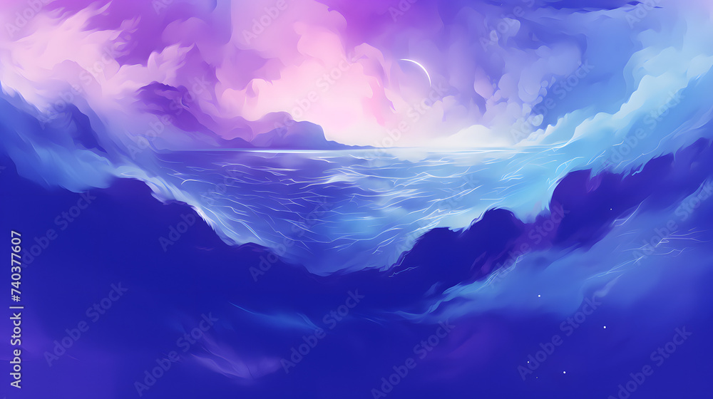 a blue and purple cloudy sky with some water
