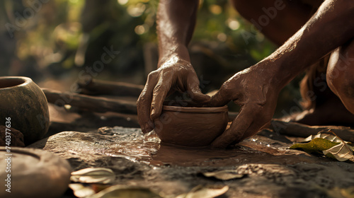 Primitive Pottery Making - Artisanal Craftsmanship - Clay Pot Creation - A Prehistoric Craft - caveman - Evolution - Theory of evolution - Primitive man photo