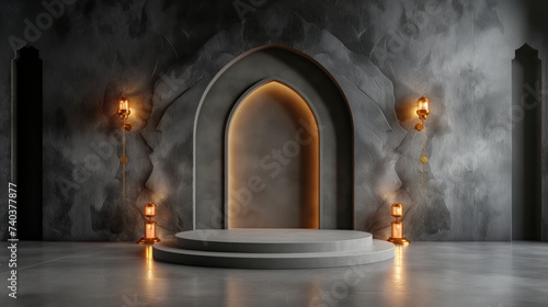Fototapeta 3d black islamic stage podium cylinder with golden lights in dark or night theme for ramadan or islamic festivity.