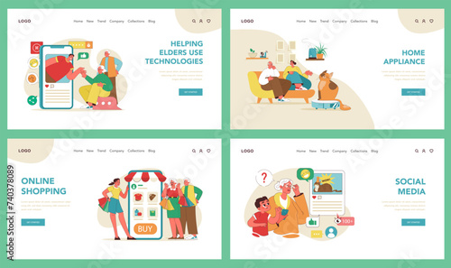 Digital literacy for seniors set. Vector illustration