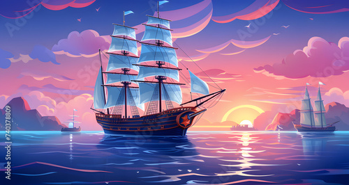 illustration style painting of ship in ocean with sunset