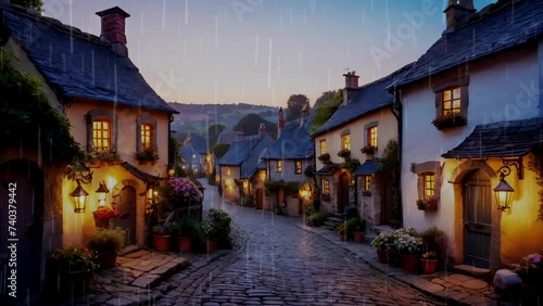 Old houses in beautiful village on rainy day illustration photo