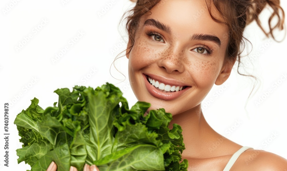 A healthy woman with a smile and glowing eyes holding a green vegetables A healthy woman with a smile and glowing eyes holding a green vegetables