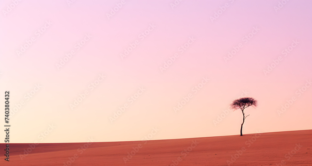 a lone tree standing in the desert at sunset