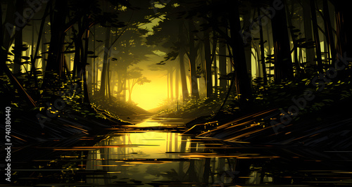 a dark forest with a river and trees at sunset