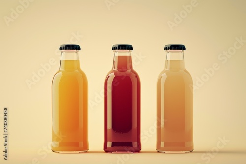 Bottles of juices in various colors on a light background