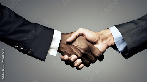 Two business executives shaking hands with determination