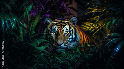 Tropical Tiger Gazing from a Lush Neon-Lit Jungle