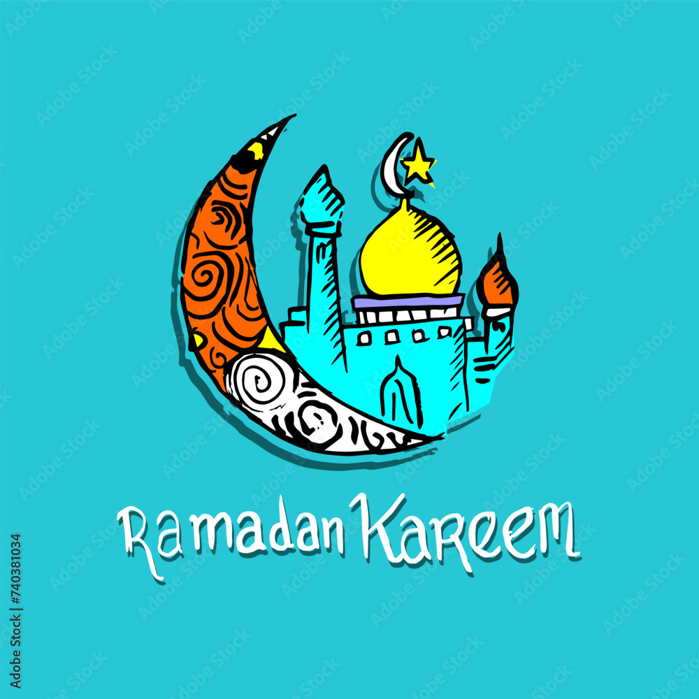 Fototapeta premium Half moon and mosque, decorative line drawing on blue background 