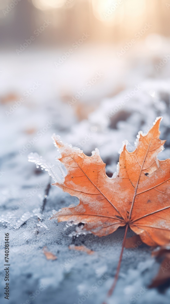 An The surface of dry leaves is covered with snow and ice on a winter day, nature background. An The surface of dry leaves is covered with snow and ice on a winter day, nature background.